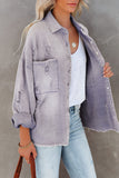 Moda sólida rasgada Make Old Turndown Collar manga comprida jaqueta jeans solta (5 cores)