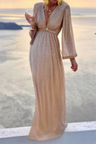 Fashion Elegant Solid Patchwork Fold V Neck Evening Dress Dresses(4 Colors)