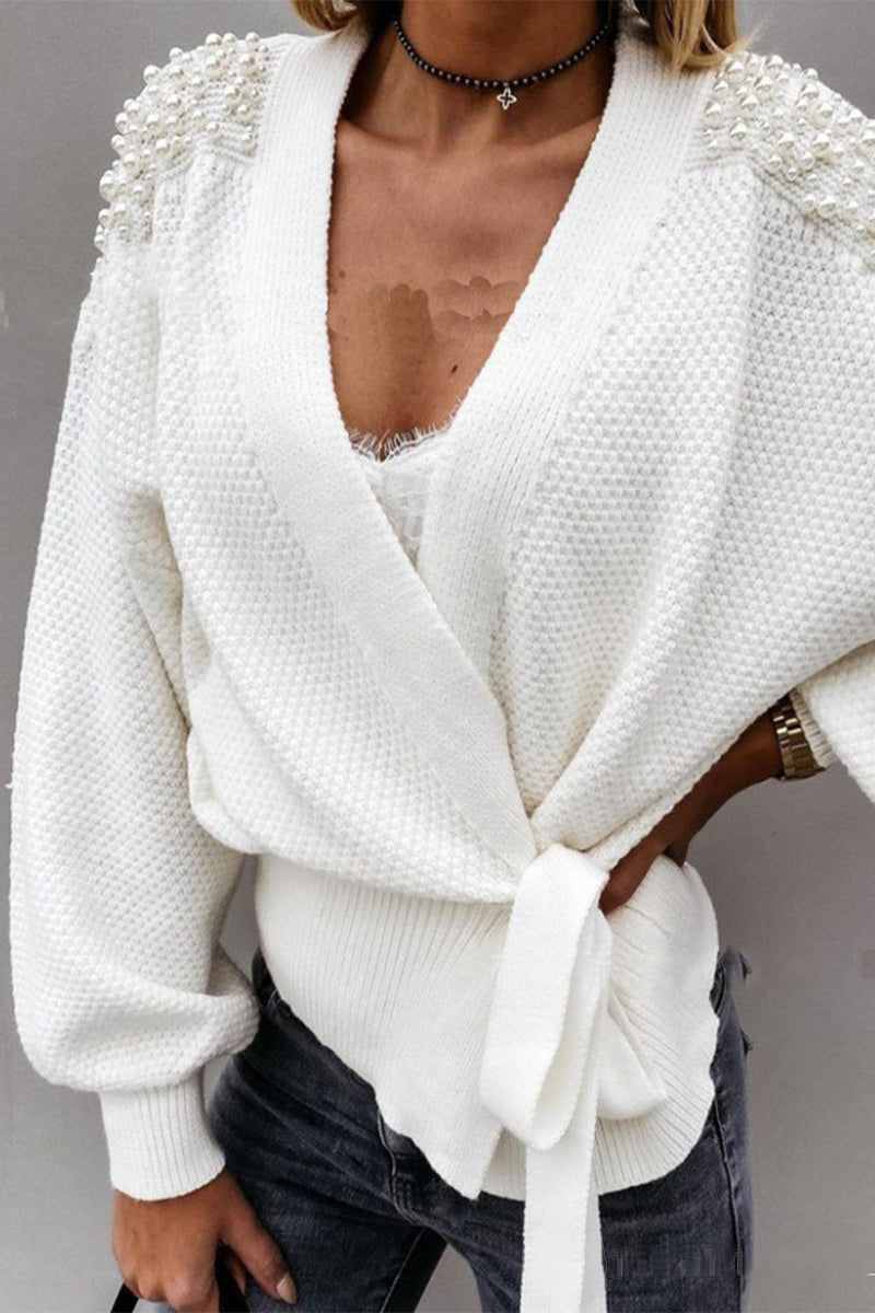 Casual Elegant Solid Beading Strap Design V Neck Tops Sweater