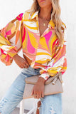 Casual Print Patchwork Buckle Turndown Collar Blouses