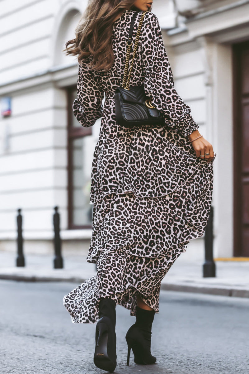 Elegant Animal Print Leopard Solid Color V Neck Cake Skirt Dresses
