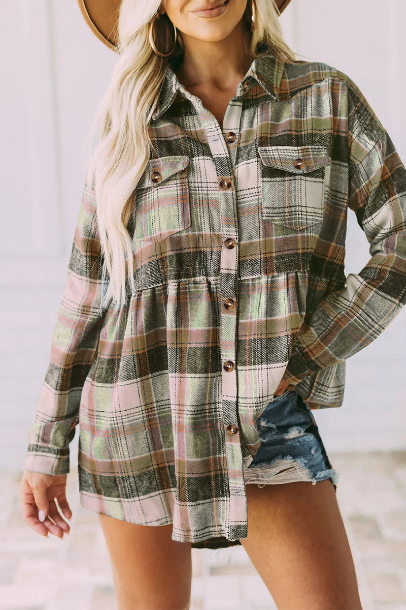 Casual Plaid Buckle Buttons Turndown Collar Blouses(5 Colors)