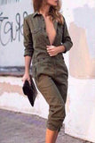 Casual Solid Pocket Turndown Collar Loose Jumpsuits