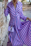 Sweet Elegant Striped Patchwork Turndown Collar A Line Dresses(3 Colors)