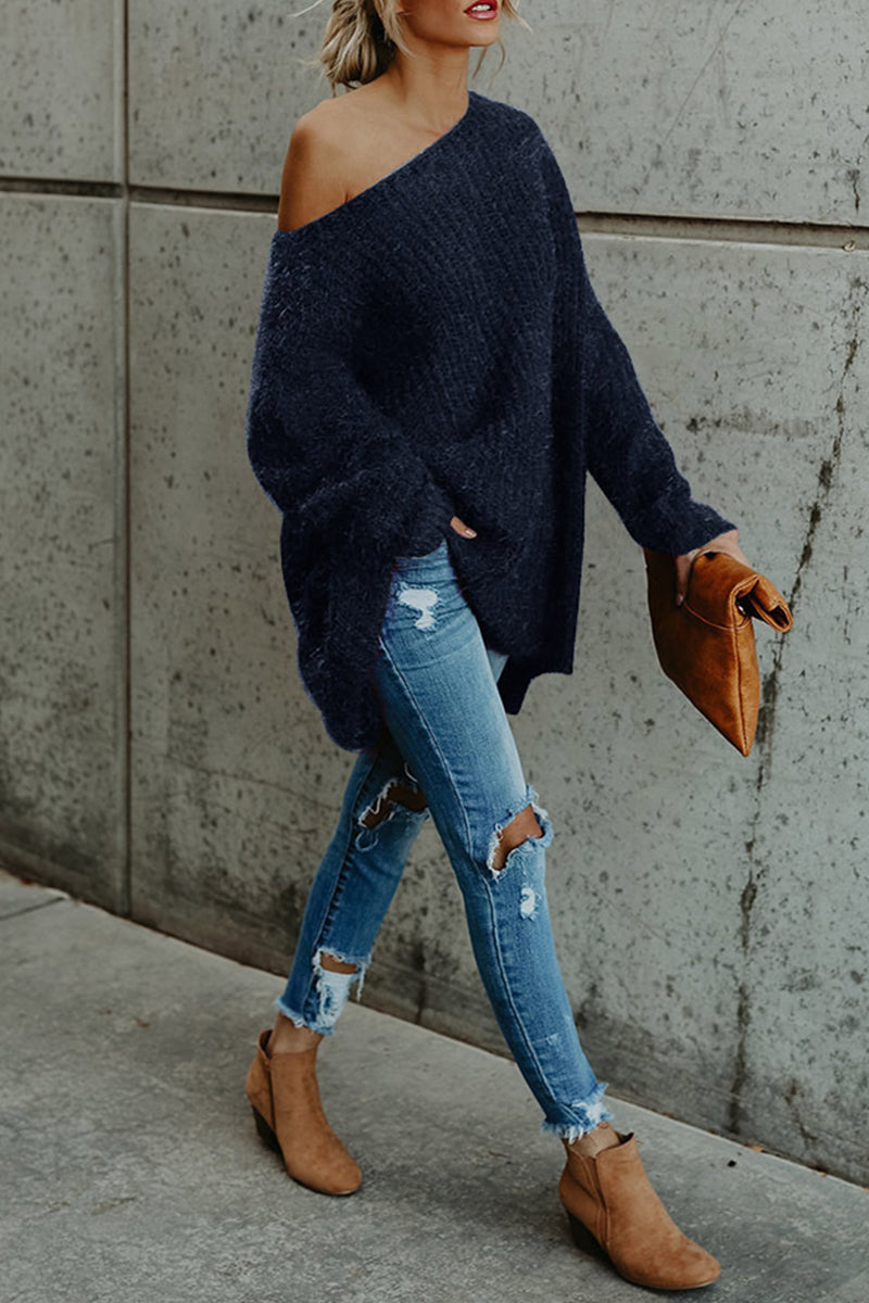 Casual Solid Color Oblique Collar Sweaters