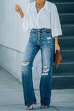 Lässige, lässige Street-Jeans aus einfarbigem, zerrissenem Denim mit hoher Taille und Schnalle