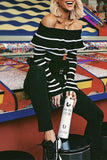 Street Daily Striped Flounce Off the Shoulder Sweaters
