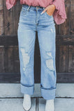 Street Solid Ripped Patchwork High Waist Straight Denim Jeans