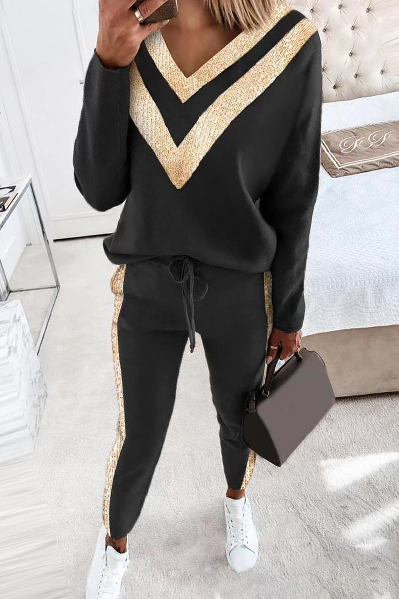 Casual Street Solid Patchwork V Neck Long Sleeve Two Pieces(4 Colors)