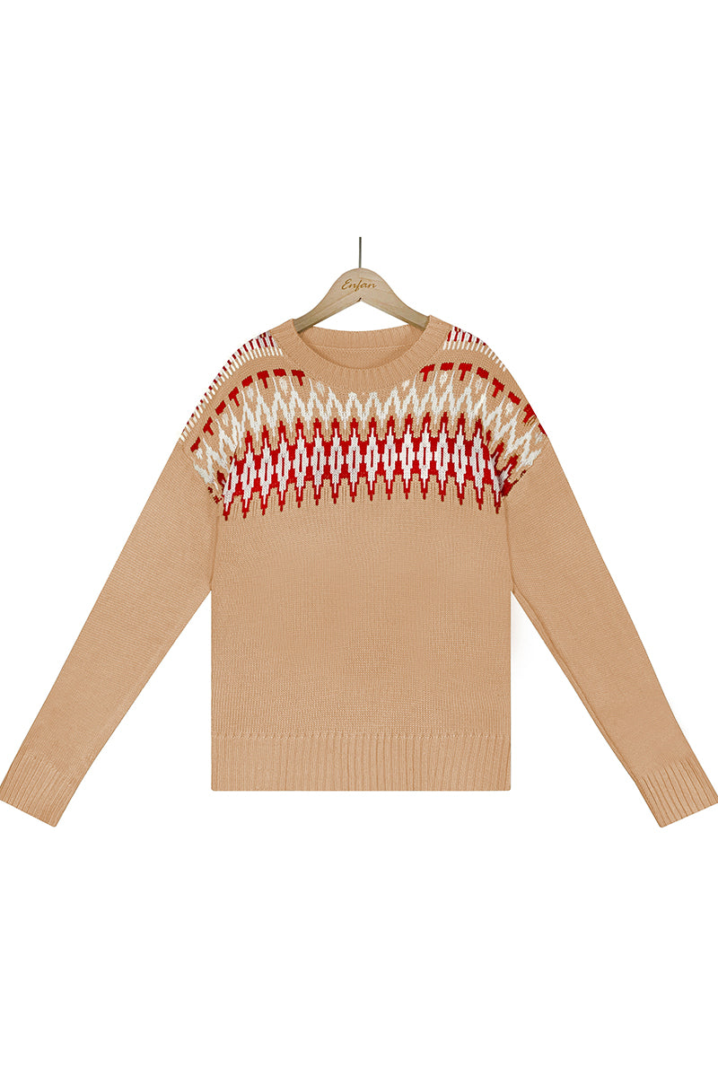 Street Geometric Patchwork O Neck Sweaters