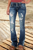 Street Patchwork Ripped High Waist Boot Cut Denim Jeans(8 Colors)