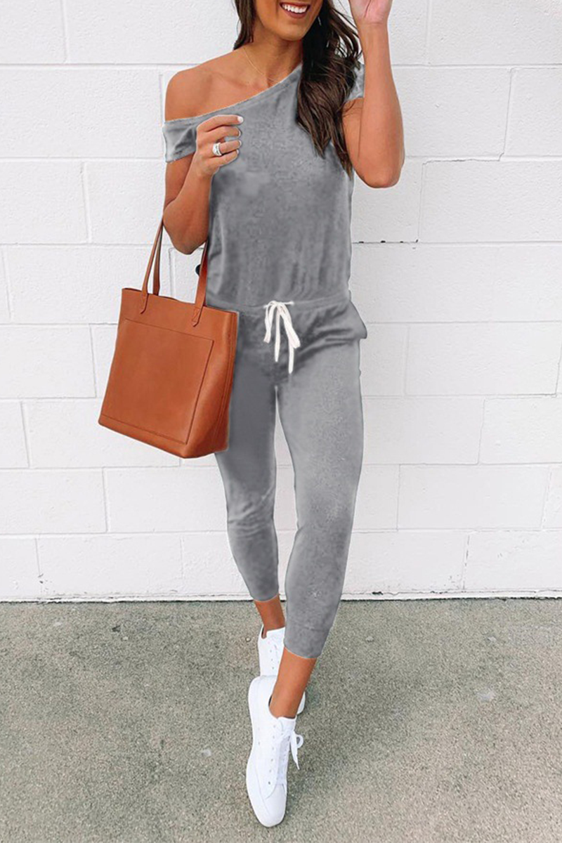 Casual Solid Draw String One Shoulder Skinny Jumpsuits