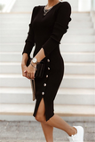 Street Solid Buckle O Neck Pencil Skirt Dresses