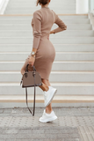Street Solid Buckle O Neck Pencil Skirt Dresses