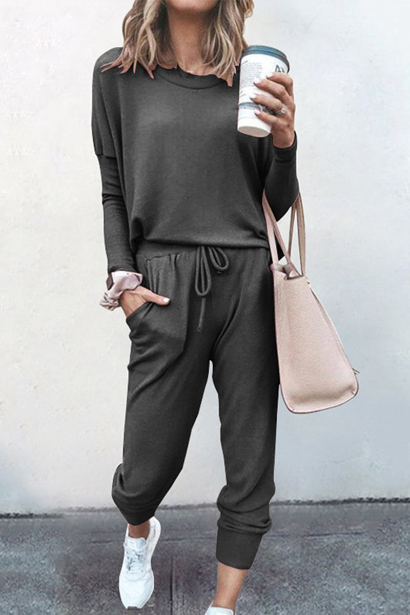 Casual Solid Asymmetrical Solid Color O Neck Long Sleeve Two Pieces