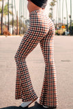 Calça esportiva de rua xadrez patchwork corte cintura alta reta com estampa completa