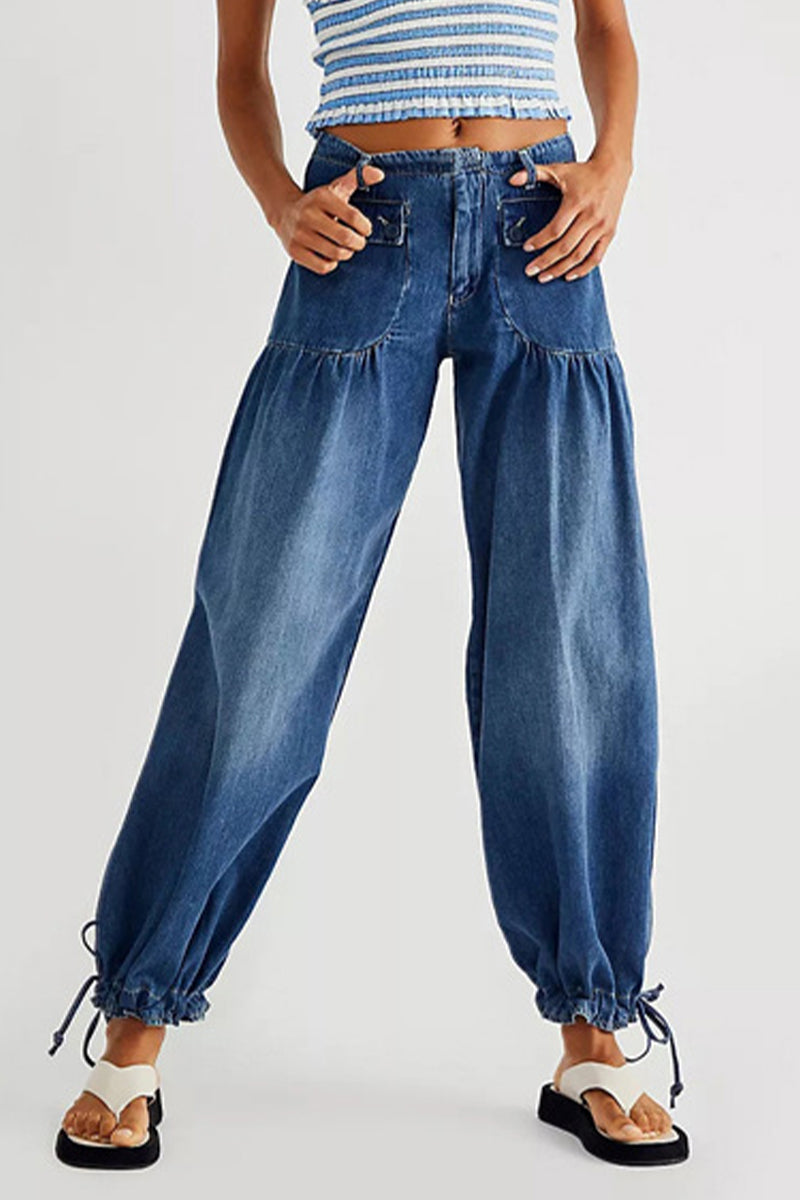 Street Solid Patchwork High Waist Loose Denim Jeans(3 Colors)