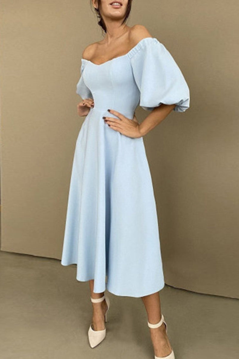 Elegant Solid Solid Color Off the Shoulder A Line Short Sleeve Dress(3 Colors)