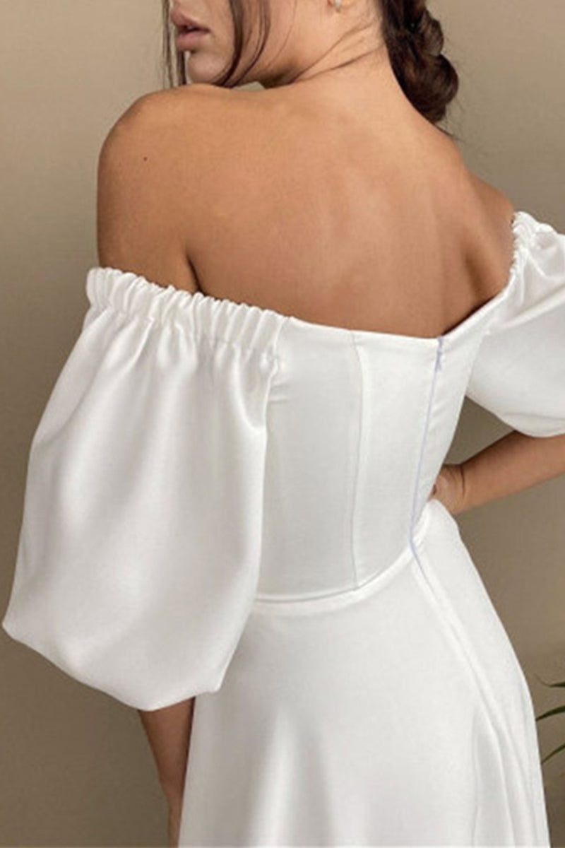Elegant Solid Solid Color Off the Shoulder A Line Short Sleeve Dress(3 Colors)
