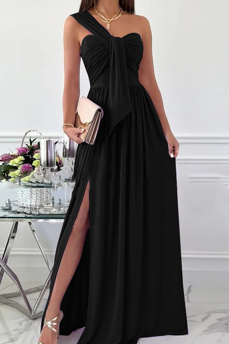 Elegant Formal Solid Asymmetrical Solid Color One Shoulder Irregular Dress Dresses
