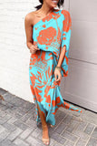 Vestidos casuais com estampa de férias patchwork gola oblíqua vestidos irregulares (17 cores)