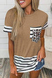 Lässige gestreifte Leoparden-Patchwork-Taschen-T-Shirts (10 Farben)