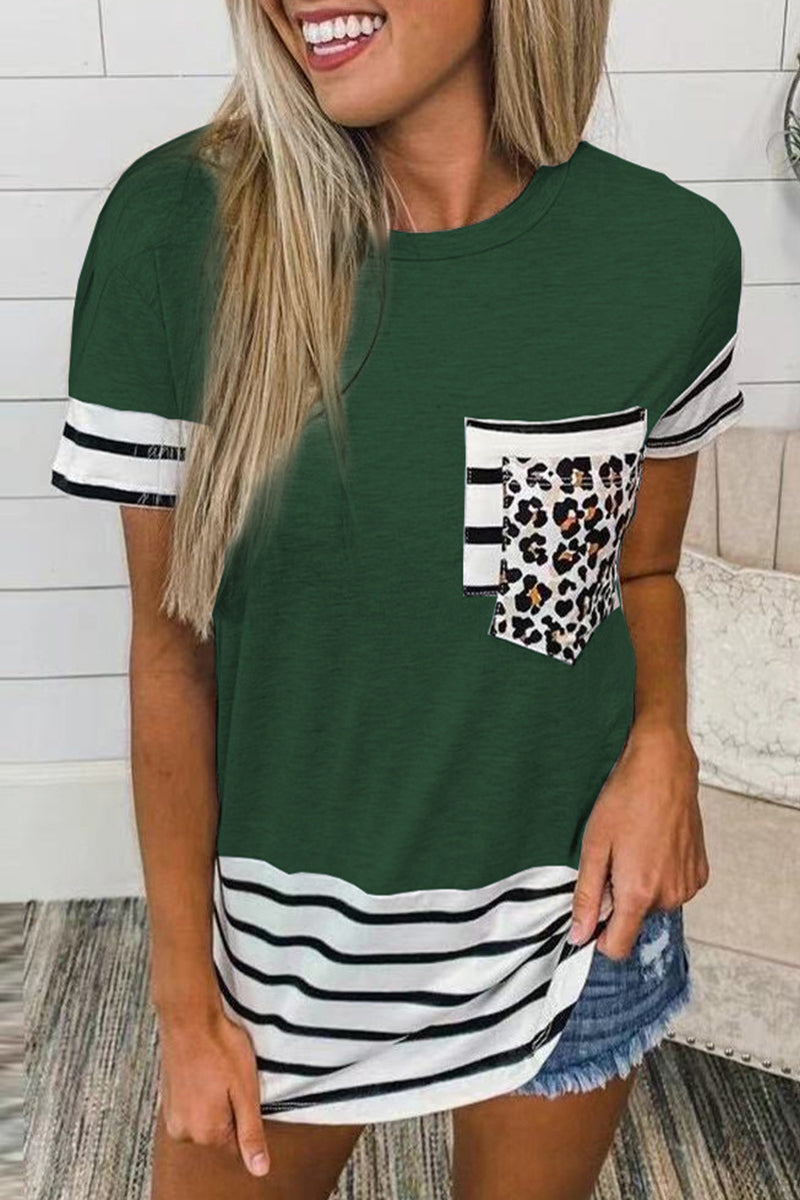 Casual Striped Leopard Patchwork Pocket T-Shirts(10 Colors)