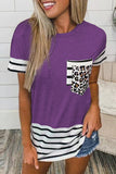 Lässige gestreifte Leoparden-Patchwork-Taschen-T-Shirts (10 Farben)