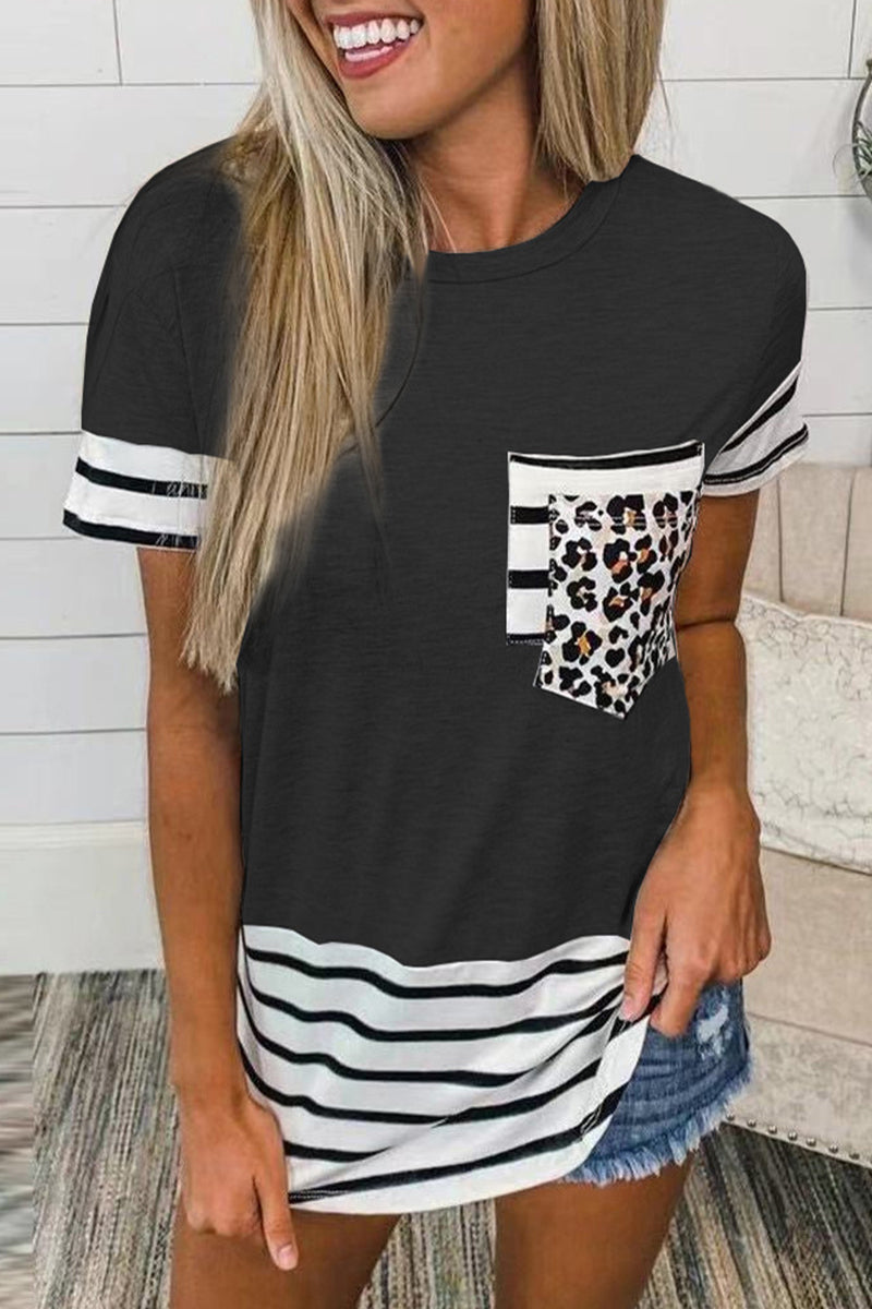 Casual Striped Leopard Patchwork Pocket T-Shirts(10 Colors)