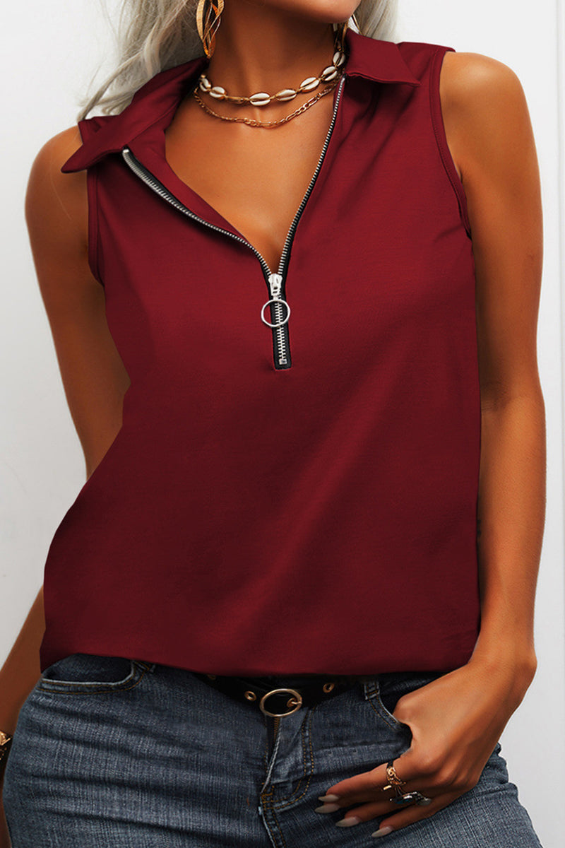Sexy Casual Solid Zipper Turndown Collar Tops(5 Colors)