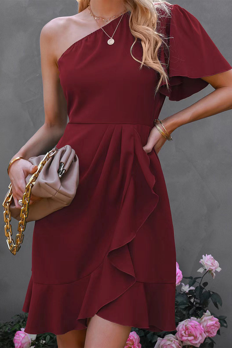 Street Simplicity Solid Flounce Oblique Collar Irregular Dress Dresses(3 Colors)