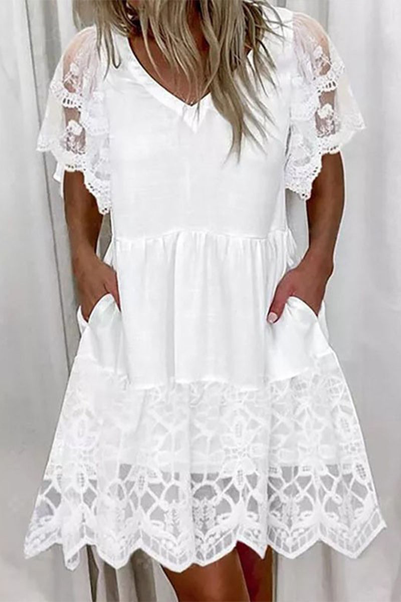 Sweet Elegant Solid Lace Pocket A Line Short Sleeve Dress