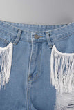 Casual Simplicity Solid Tassel Ripped Straight Denim Shorts