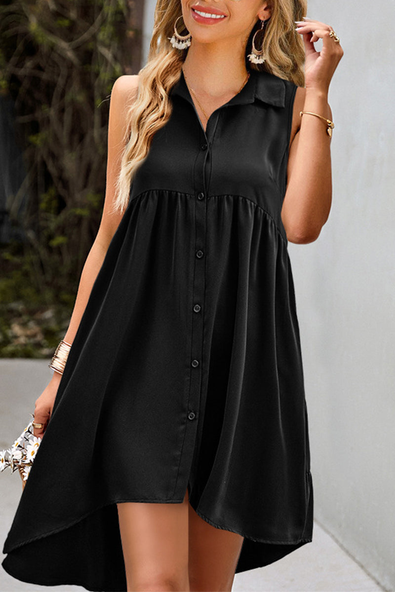Casual Daily Solid Buckle Turndown Collar A Line Dresses