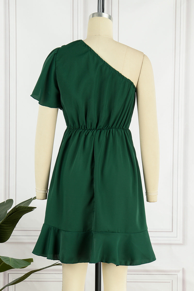 Street Simplicity Solid Flounce Oblique Collar Irregular Dress Dresses(3 Colors)