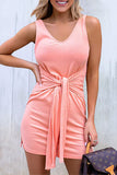 Casual Simplicity Solid Fold Asymmetrical V Neck Vest Dress Dresses(6 Colors)