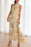 Elegant Vacation Floral Fold Oblique Collar Printed Dress Dresses