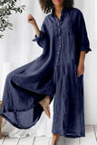Casual Vacation Solid Pocket Buttons Turndown Collar Loose Jumpsuits(3 Colors)