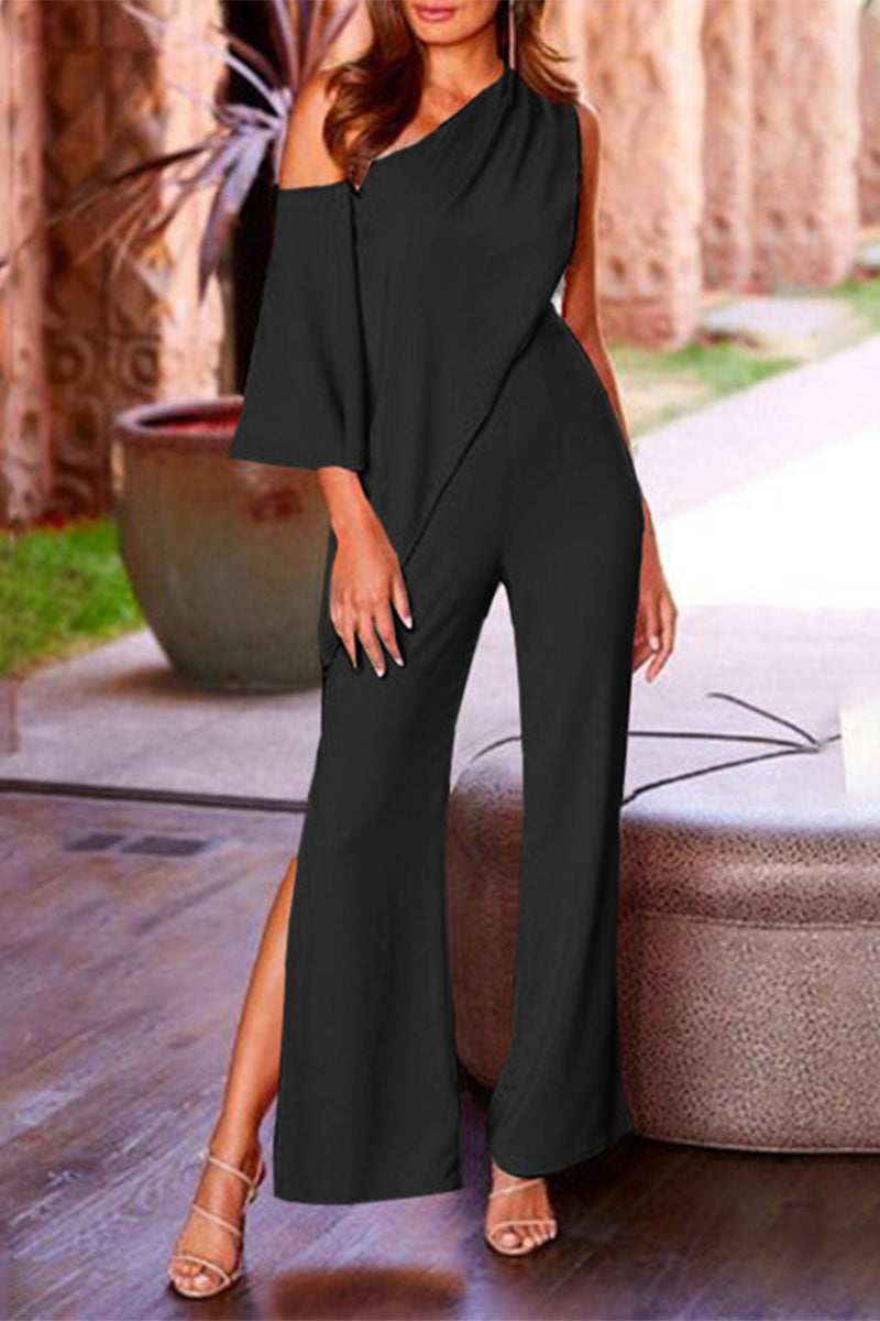 Casual Solid Asymmetrical Oblique Collar Loose Jumpsuits