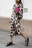 Moda elegante leopardo patchwork fenda vestidos com decote em V