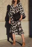 Moda elegante leopardo patchwork fenda vestidos com decote em V