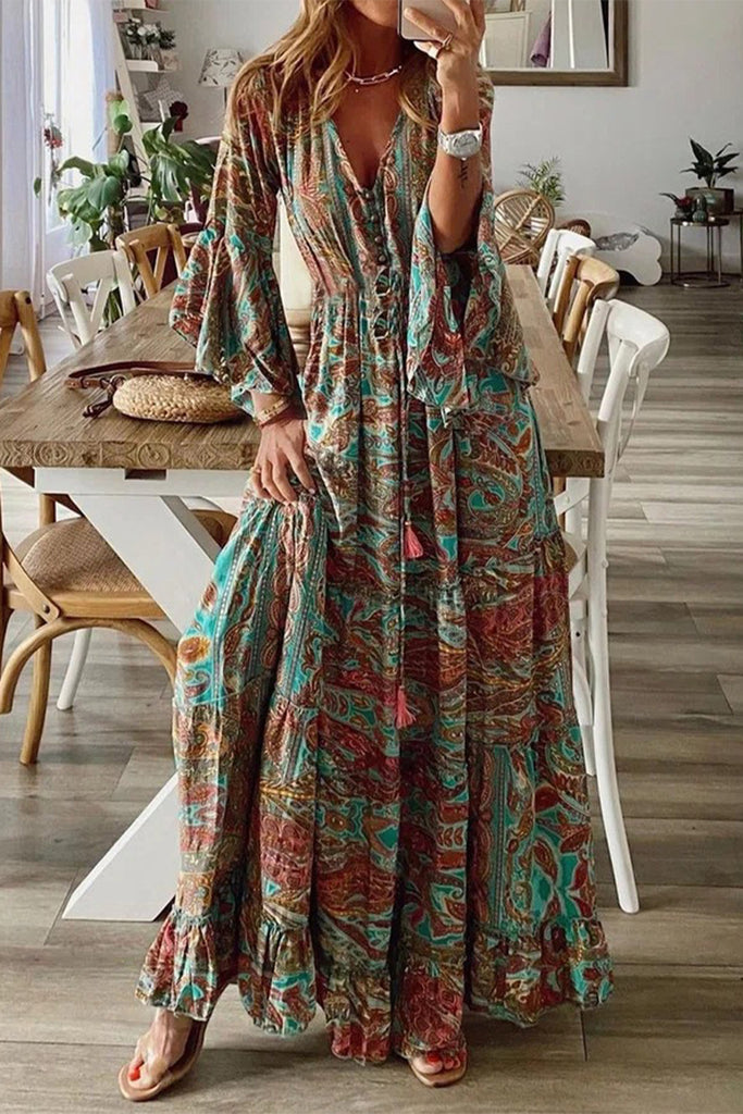 College Vacation Floral Patchwork V Neck A Line Dresses – Bohonini