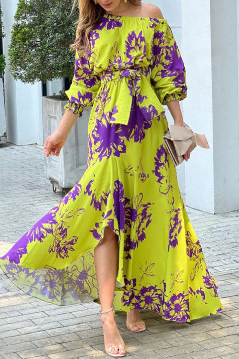 Elegant Floral Patchwork With Bow Oblique Collar Irregular Dress Dresses