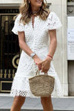Celebrities Elegant Solid Lace Buttons O Neck Princess Short Sleeve Dress