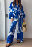 Casual Striped Print Patchwork V Neck Long Sleeve Two Pieces