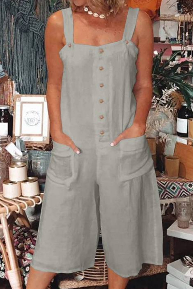 Casual Daily Solid Pocket Buttons Square Collar Loose Jumpsuits