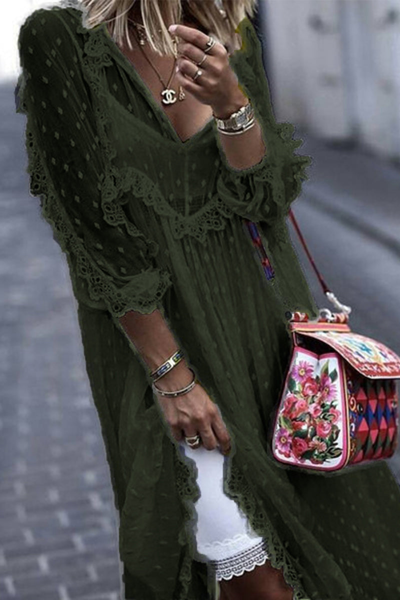 Casual Elegant Solid Lace Frenulum Stringy Selvedge V Neck Lace Dress ...