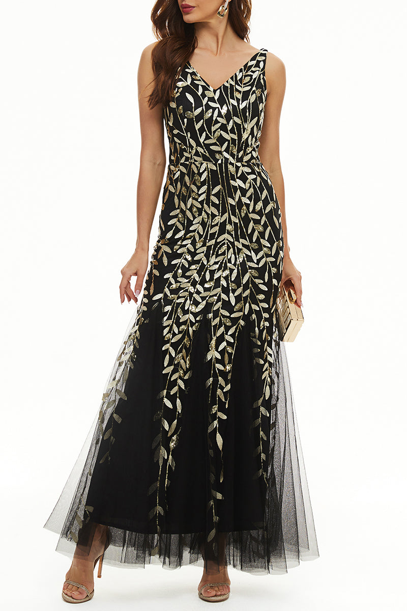 Elegant Formal Patchwork Embroidered V Neck Evening Dress Dresses