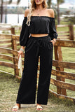 Casual Simplicity Solid Frenulum Off the Shoulder Long Sleeve Two Pieces