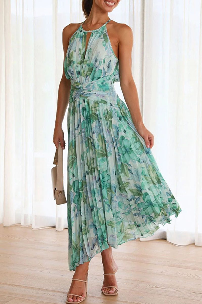 Casual Print Fold Halter Waist Skirt Dresses